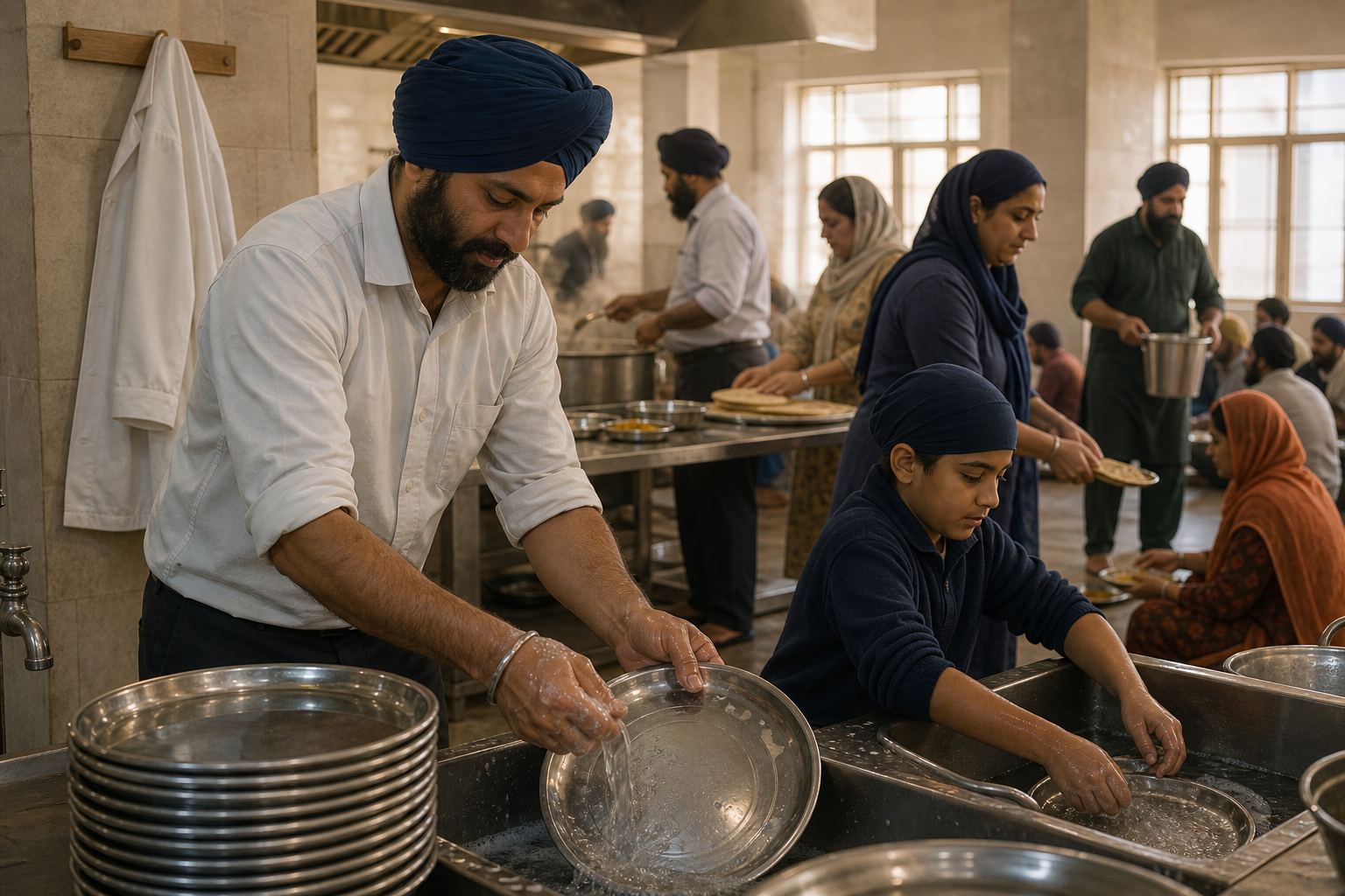 A Sikh volunteer washes steel plates in a community kitchen while others cook and serve food to seated guests.
