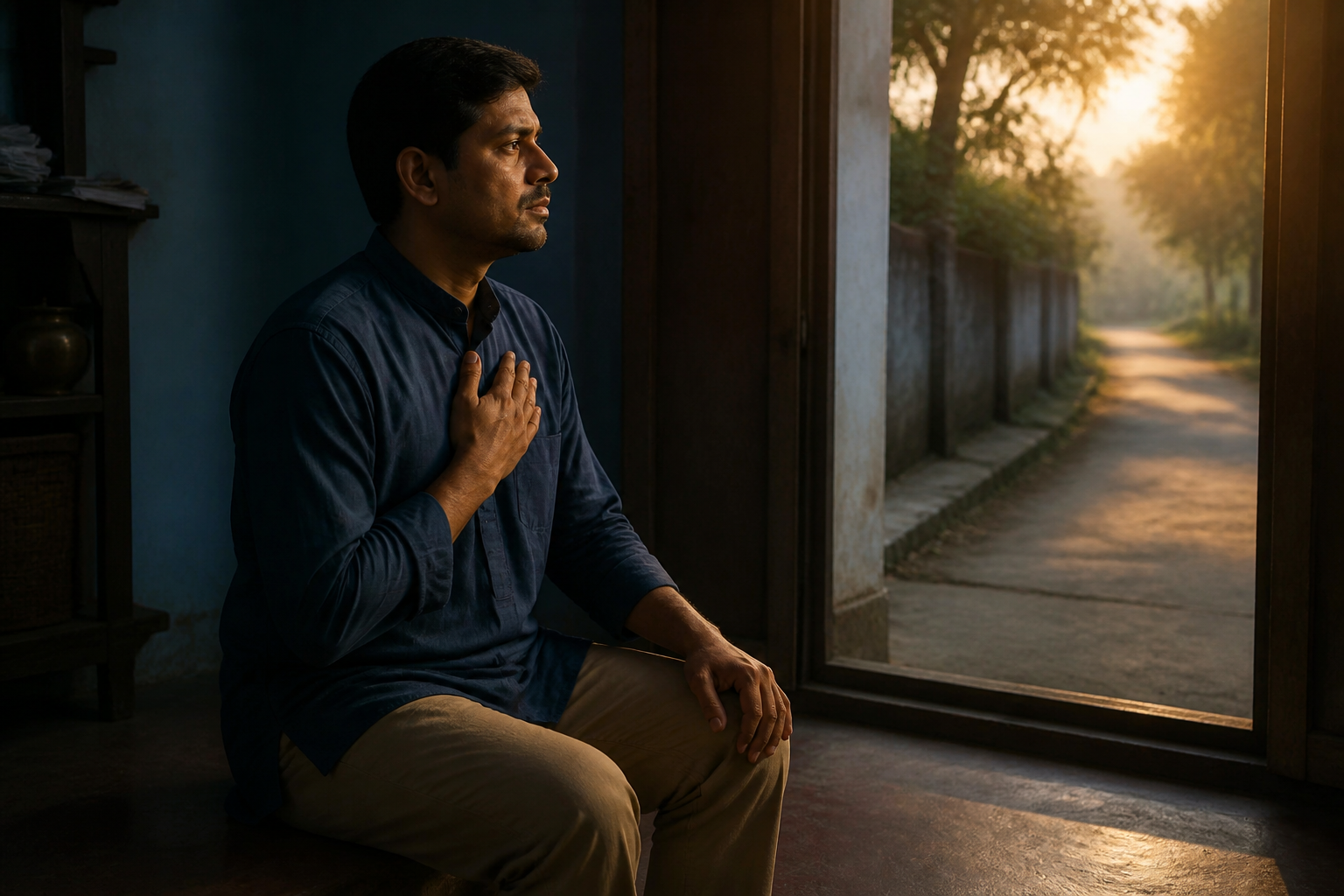 A person sits quietly beside an open doorway at dawn as a sunlit path extends outside.
