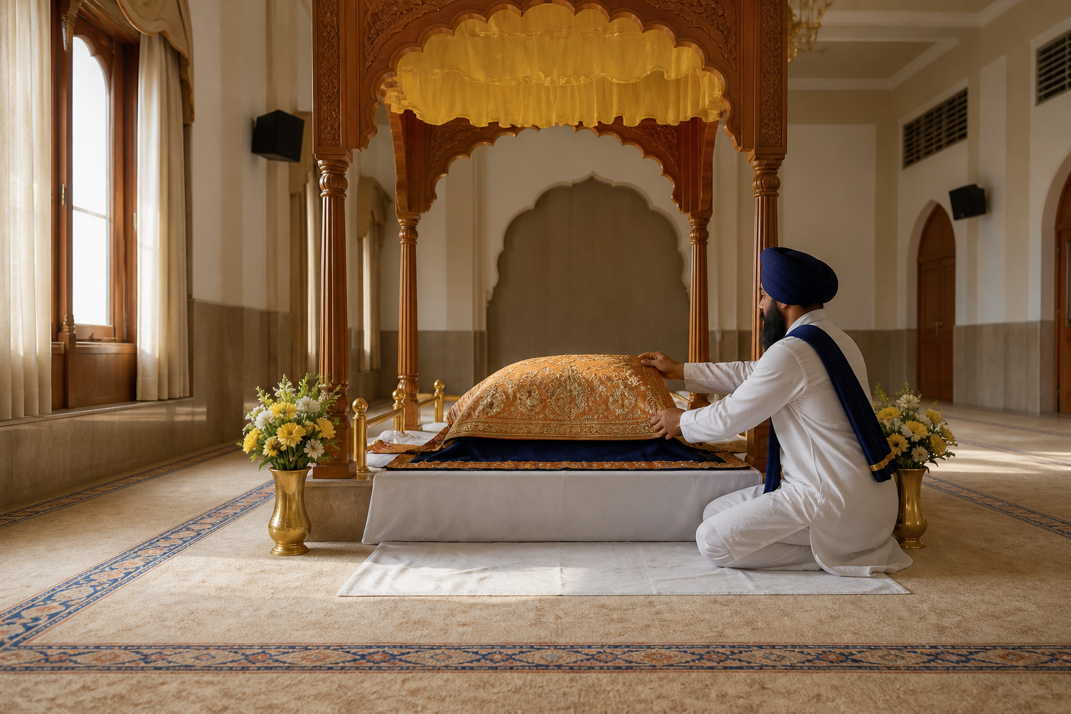 A head-covered Sikh attendant arranges an embroidered covering around a covered sacred volume on a raised platform in a quiet gurdwara prayer hall.