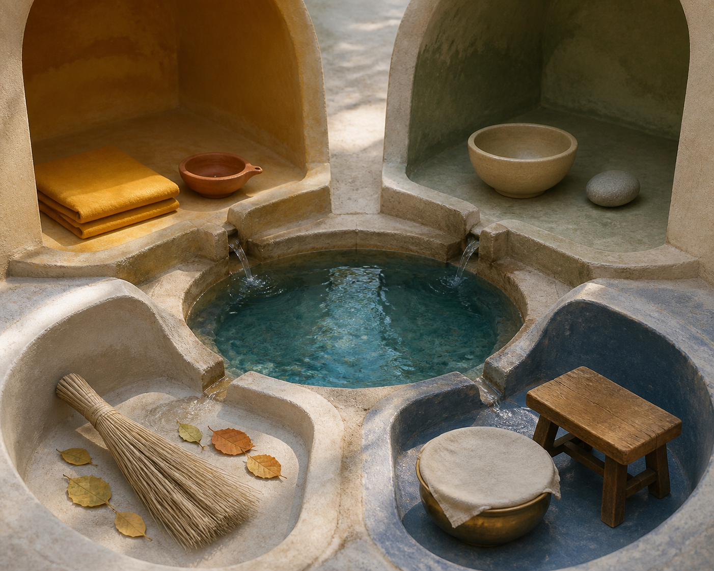 Four quiet alcoves surround a clear pool, containing a clay lamp, an empty bowl, a soft broom, and a communal food bowl.