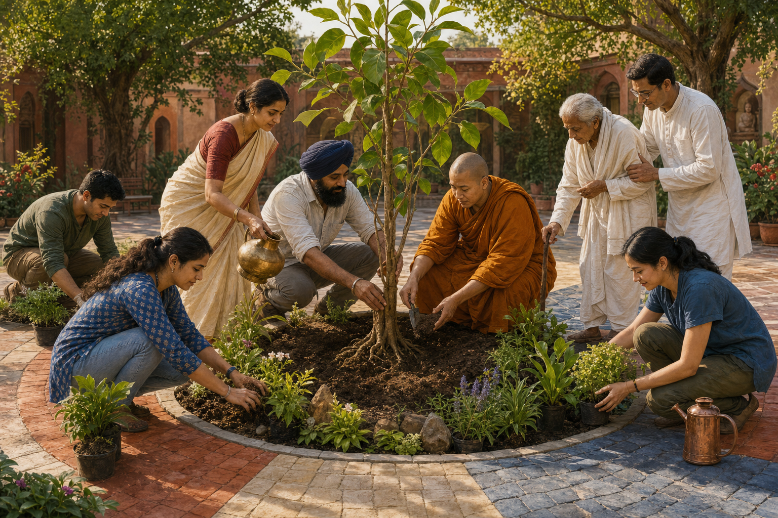 Sikh, Hindu, Buddhist, and Jain community members in distinct clothing work together to plant a young banyan tree in a courtyard.