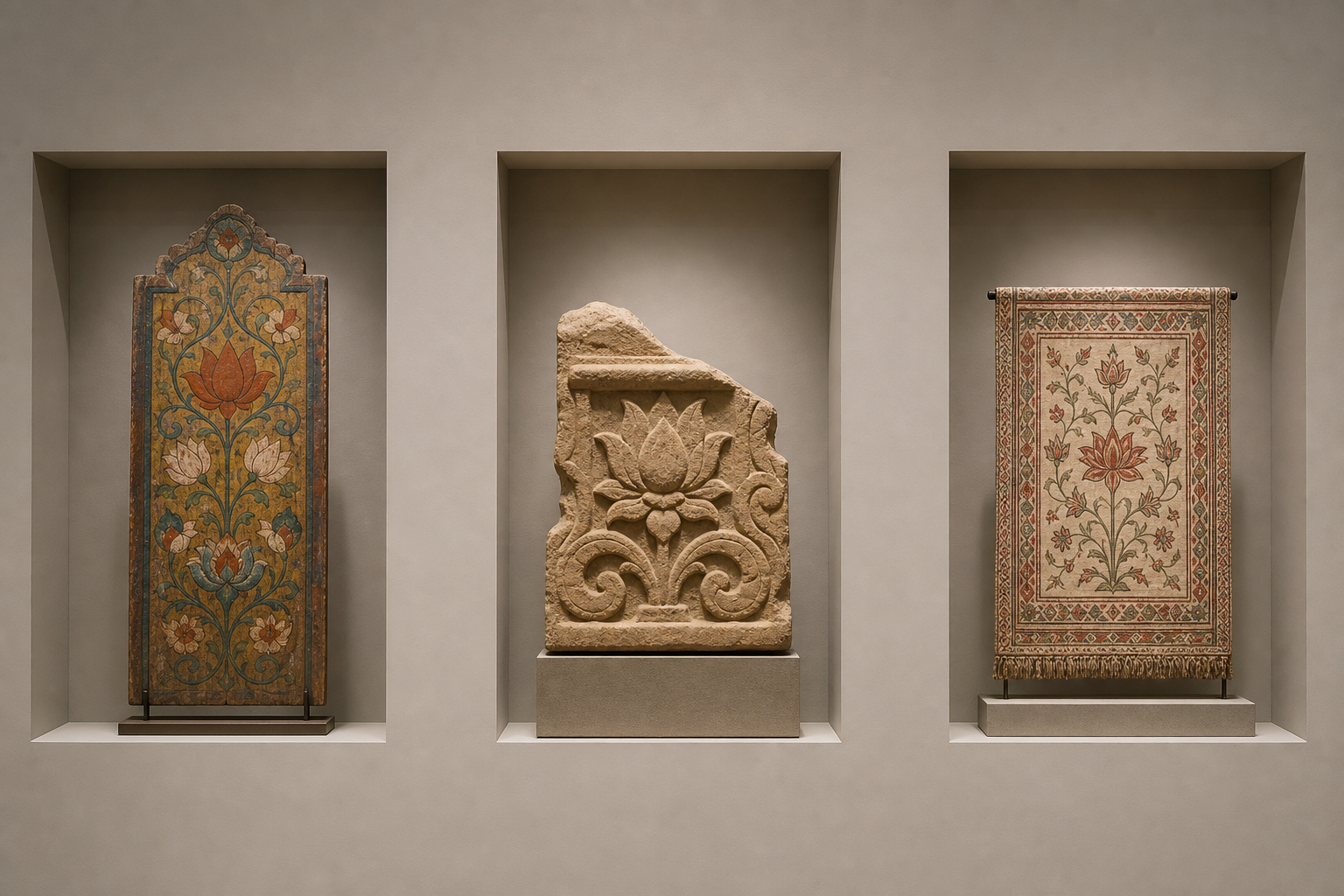 Three separately displayed artifacts show related floral motifs on a painted wooden panel, a carved sandstone fragment, and an embroidered ceremonial textile.