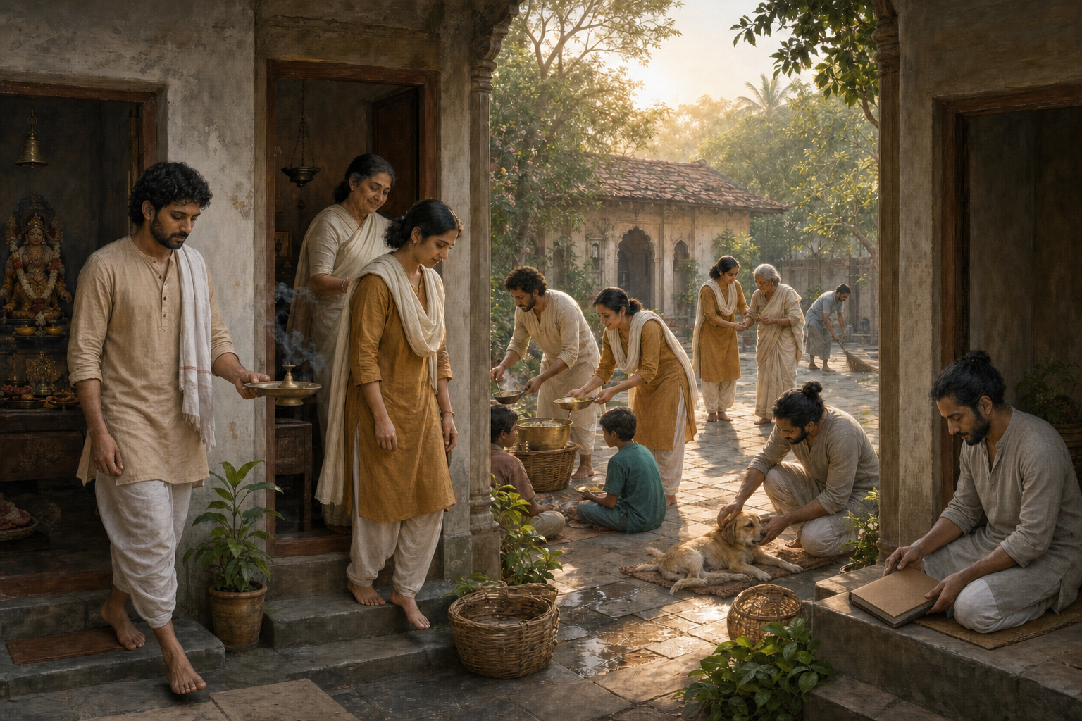 Practitioners emerging from worship, guided ritual, and meditation work together to serve food, assist an older person, care for an animal, and clean a courtyard.