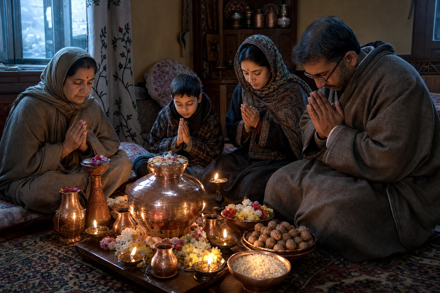 A Kashmiri Pandit family observes Herath at home beside ritual vessels, walnuts, flowers, and glowing oil lamps.
