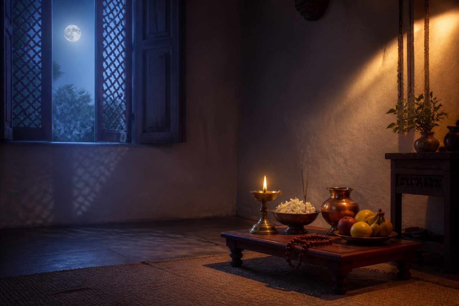 A brass oil lamp, copper vessel, flowers, fruit, and prayer beads in a home prayer space lit by cool moonlight and warm early morning light.