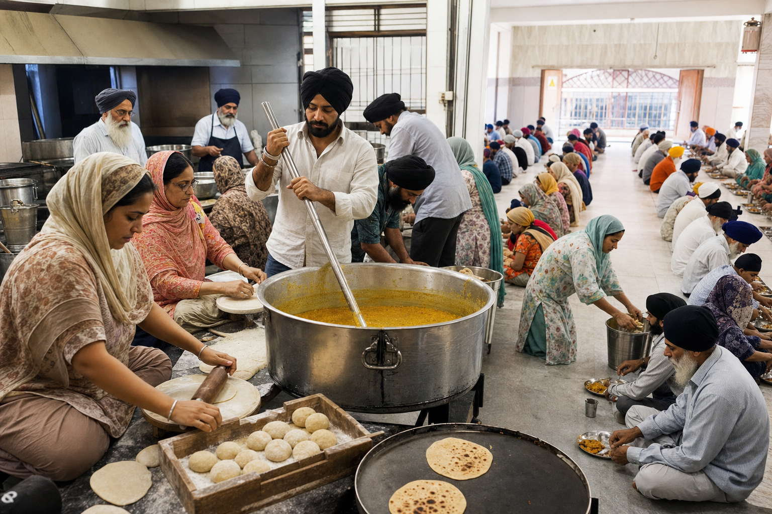 Head-covered volunteers prepare flatbread and serve a communal vegetarian meal to people seated in rows in a gurdwara langar hall.