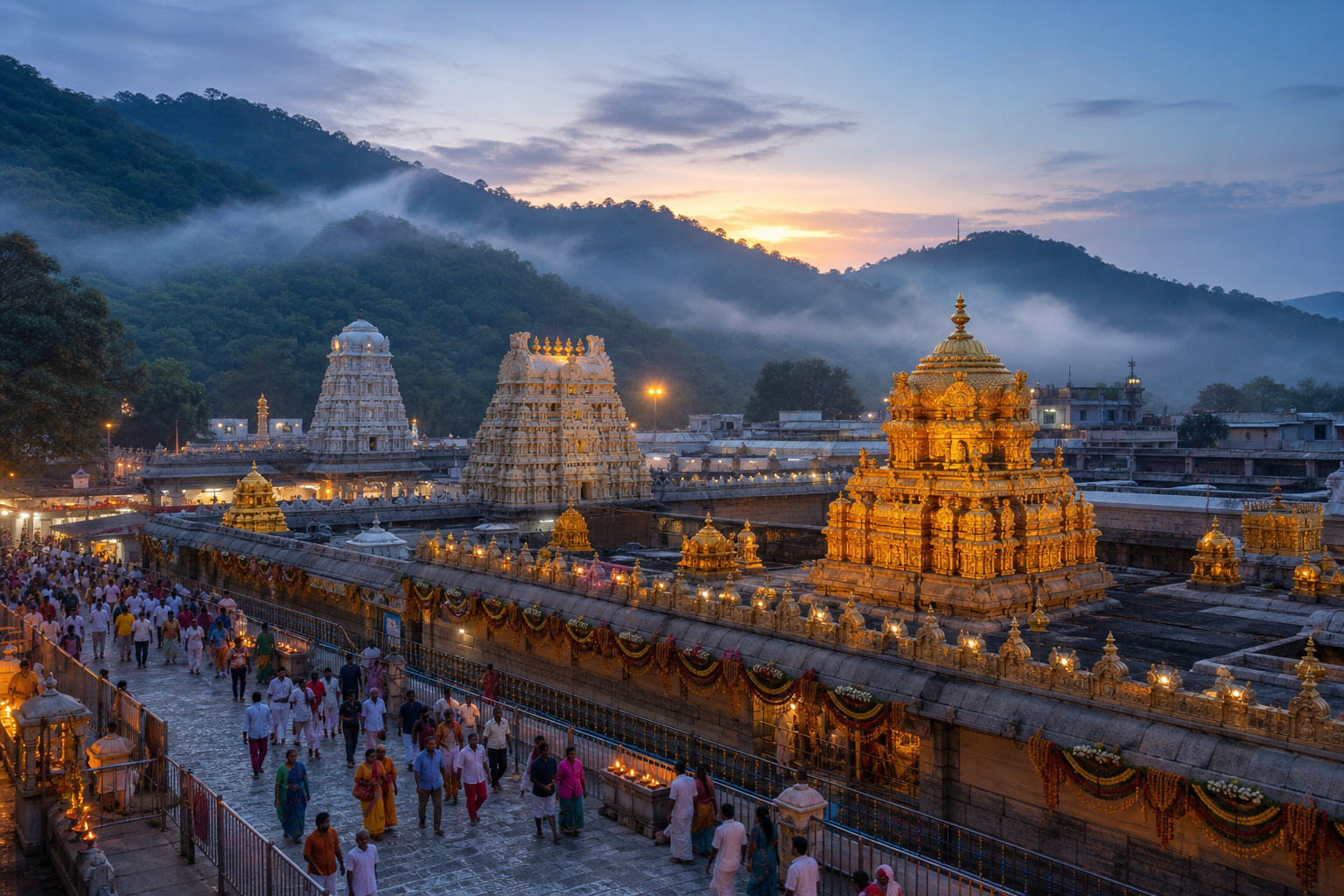 Pilgrims approach the illuminated Tirumala temple complex at dawn, with green hills and light mist in the background.