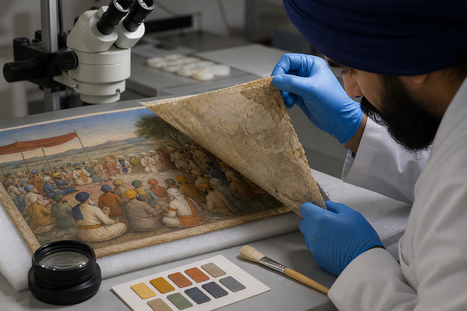 A gloved conservator examines the paper edge and reverse of an unframed historical Sikh painting beside conservation tools in a museum studio.