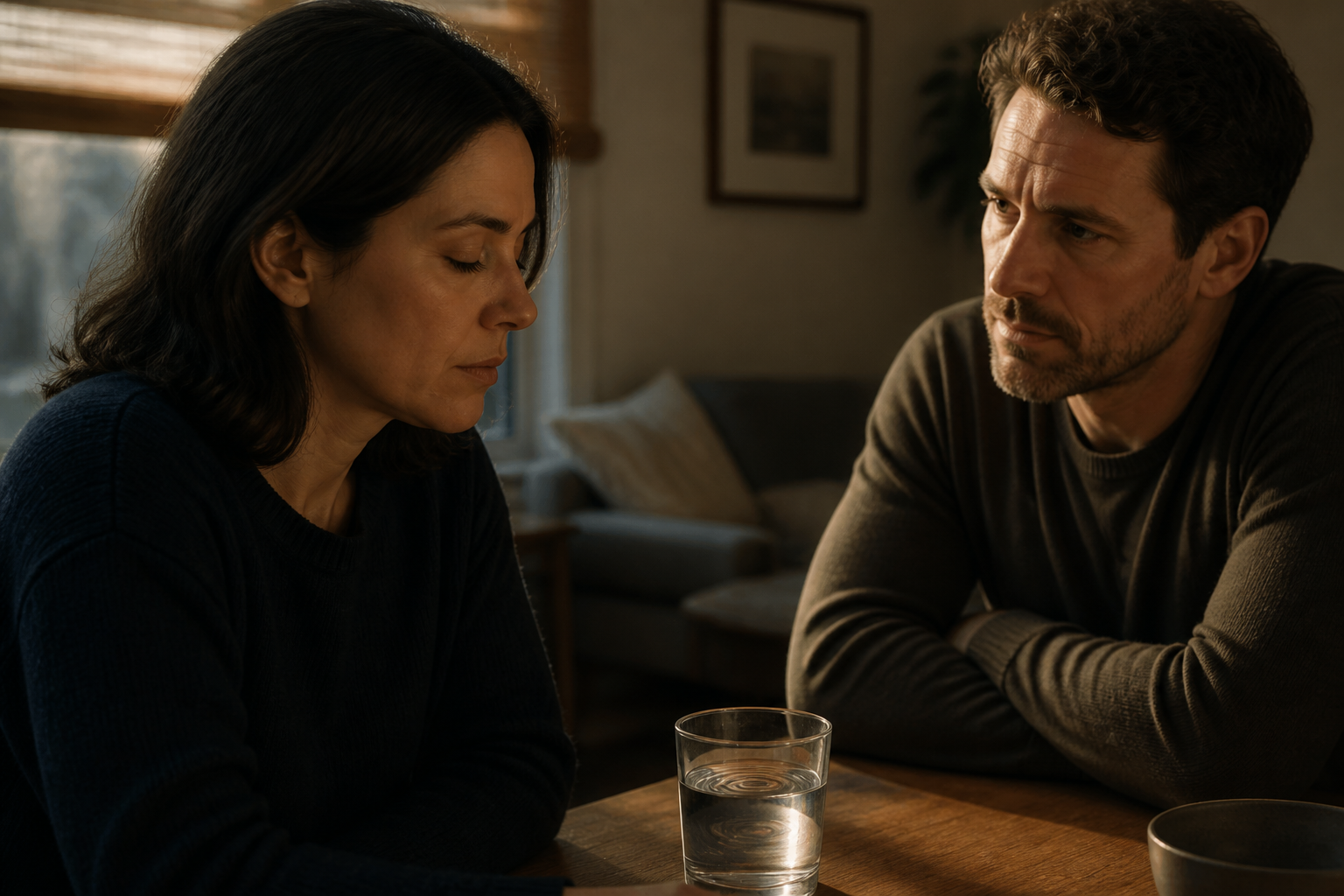 Two adults face each other during a tense conversation while one pauses calmly beside a cup with ripples on the water.