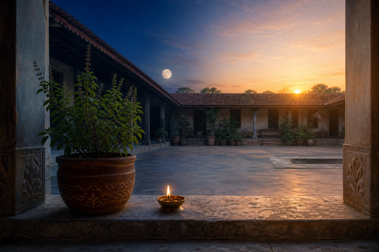 An Indian courtyard and tulsi plant shown in a seamless transition from moonlit pre-dawn to softly glowing sunrise, with a brass oil lamp at the threshold.
