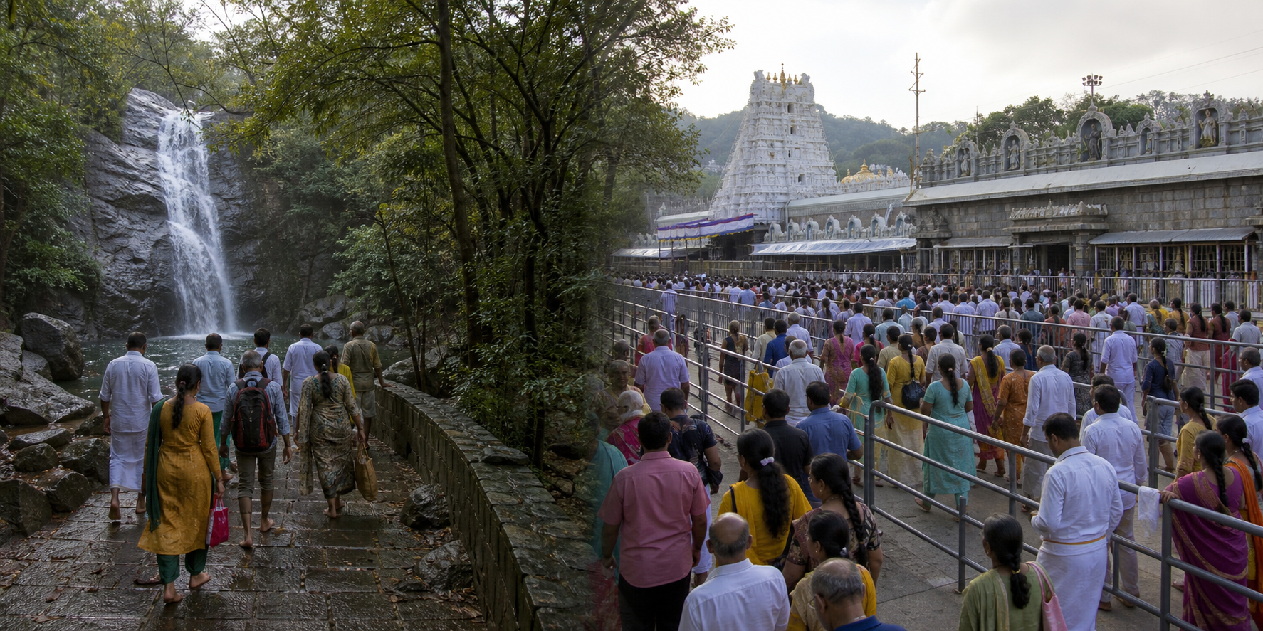 A split scene shows pilgrims beside the forest pool at Chakra Theertham and a larger crowd entering organized queue lanes outside the Tirumala temple.