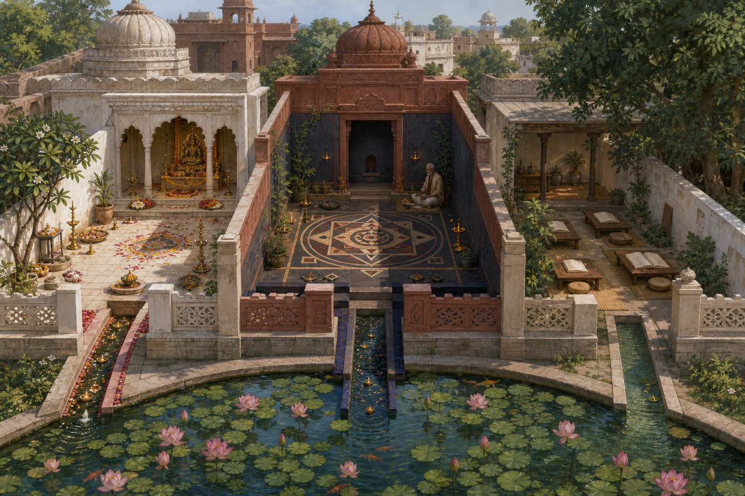 Three distinct courtyards for puja, supervised esoteric ritual, and contemplative study have separate water channels leading to one lotus pond.