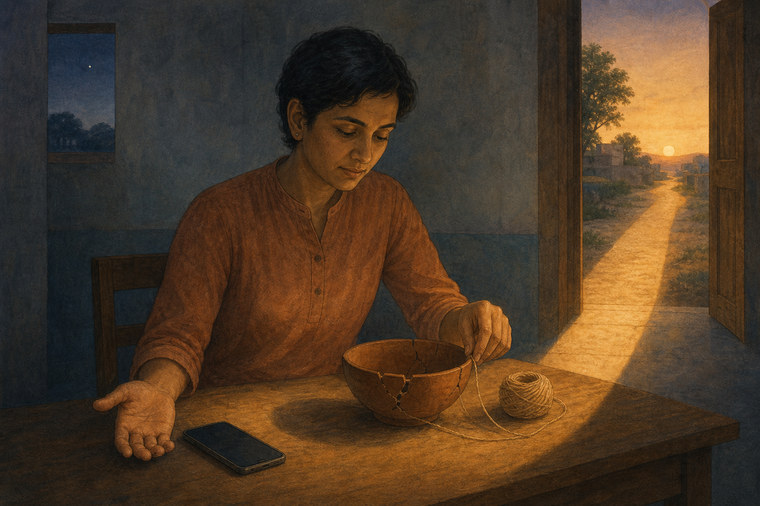 A seated person pauses beside a smartphone while mending a cracked clay bowl, with morning light leading toward an open doorway.