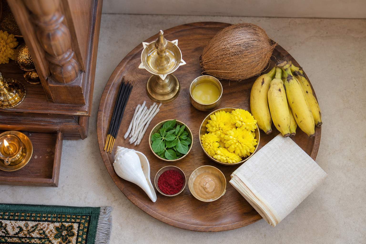 Home puja tray prepared with a brass lamp, offerings, tulsi leaves, flowers, fruit, incense, and a conch shell.