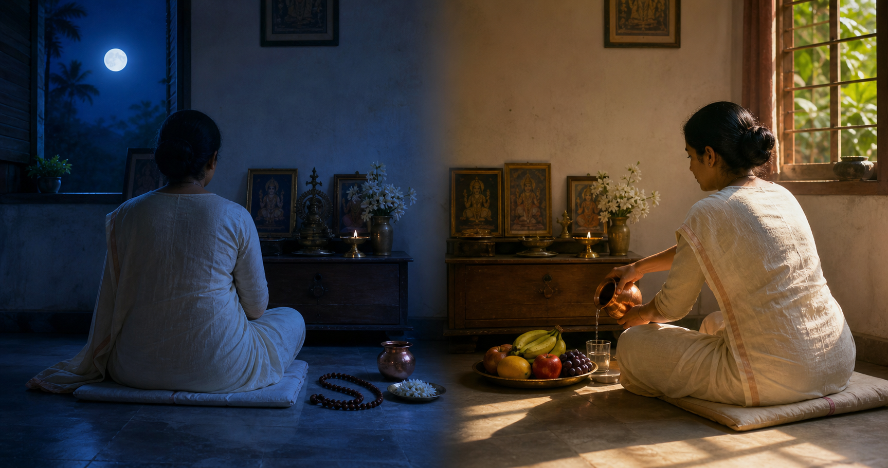 A devotee sits quietly with prayer beads before dawn in one scene and arranges fruit and water in the same prayer space later in the morning in a second scene.
