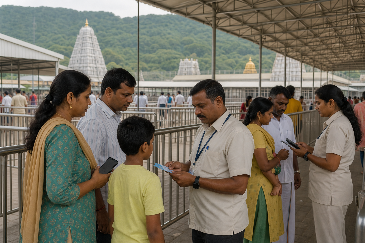Temple staff check pilgrims' passes and phones at organized access lanes outside a covered Tirumala entry facility.