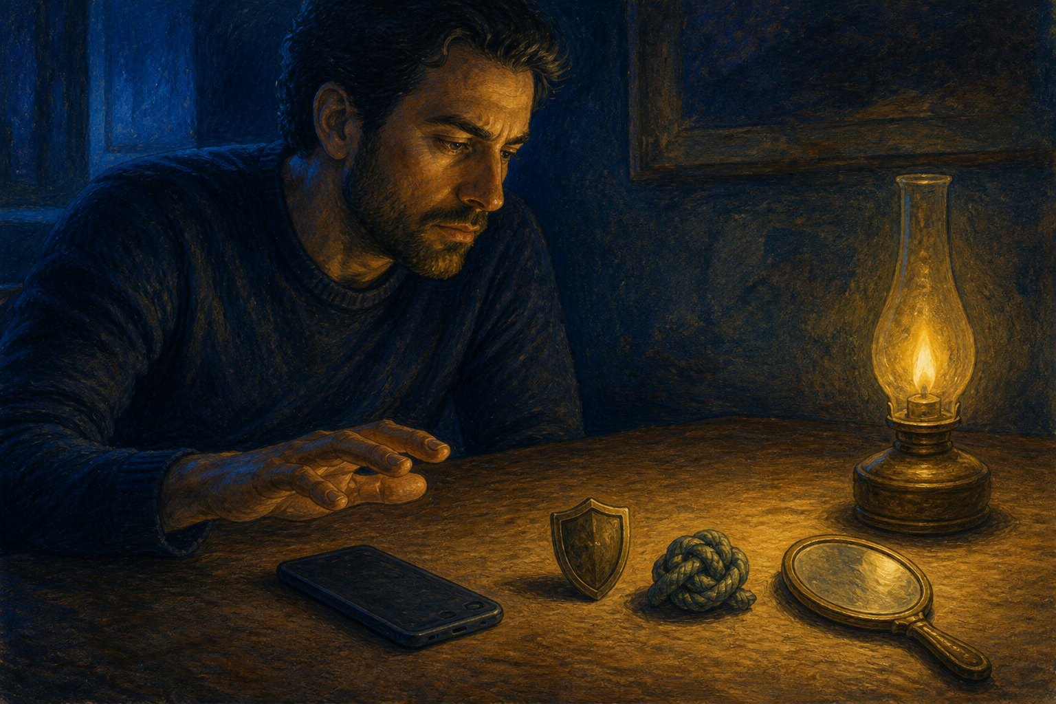 A tense person pauses with a hand above a face-down phone while a lamp illuminates a shield, knotted cord, and mirror on the table.