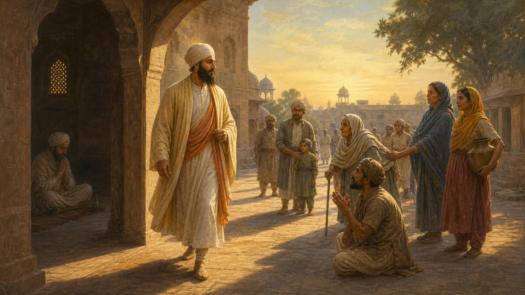 A painterly scene of Guru Teg Bahadur walking from a quiet chamber into a sunlit courtyard where people have gathered for guidance and help.
