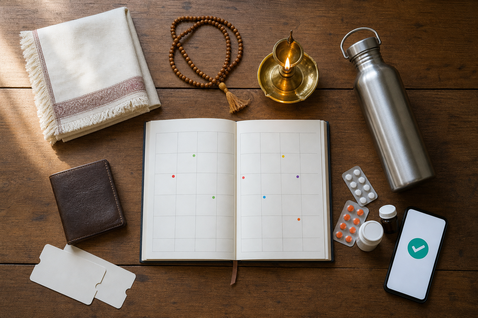 A calendar, phone confirmation, travel items, prayer beads, shawl, water bottle and medicines are arranged for a Tirumala pilgrimage.
