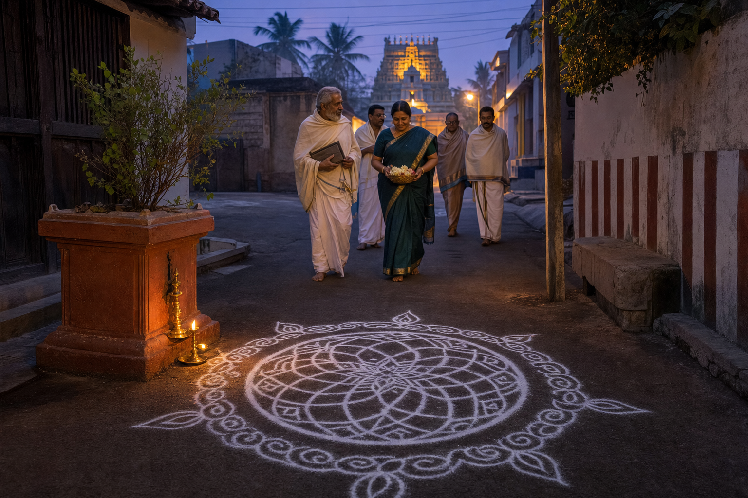 Devotees walk past a rice-flour kolam and glowing brass lamp toward a Tamil temple before sunrise.