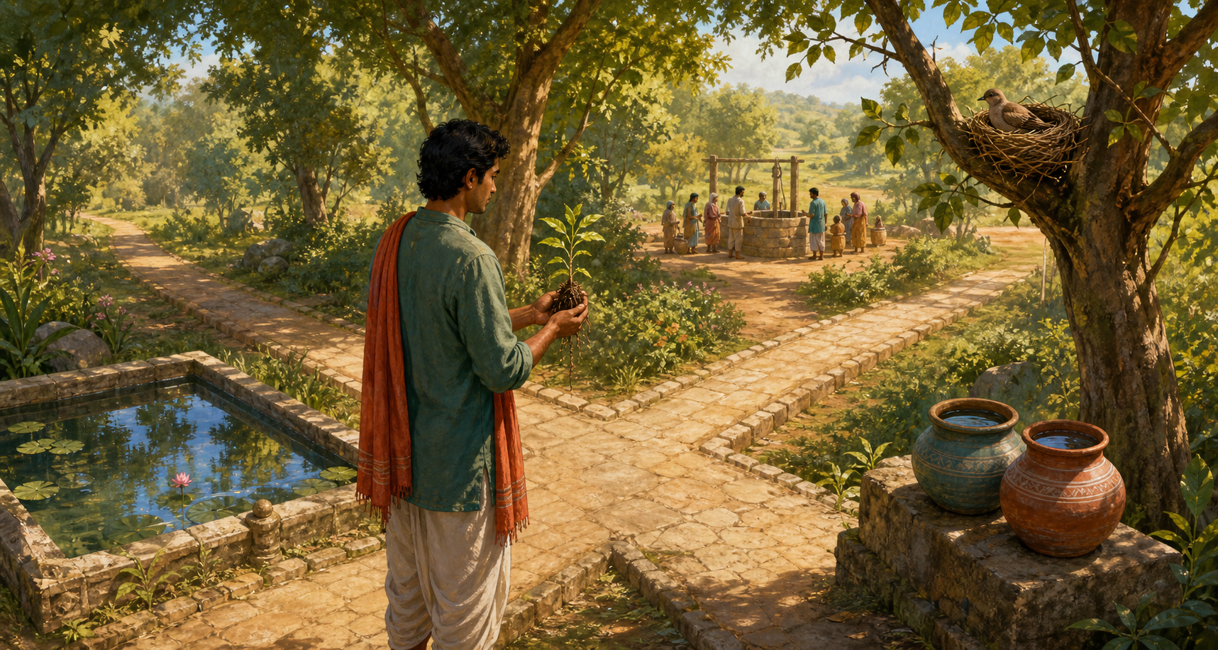 A person holding a seedling pauses at a four-way path near a reflecting basin, a nesting bird, balanced vessels, and a shared well.