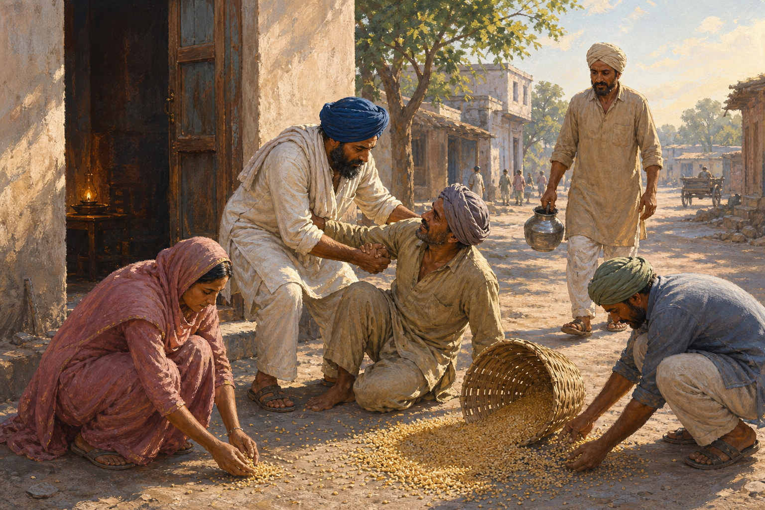A Sikh householder kneels to help a worker beside spilled grain while neighbors bring water and gather the fallen contents of a basket.