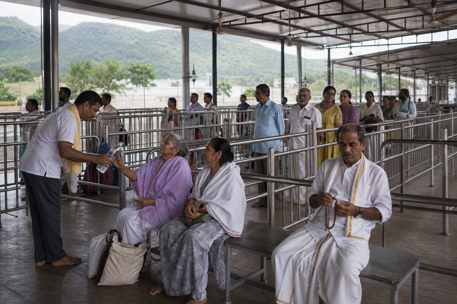 Pilgrims wait in orderly covered queue lanes at Tirumala while a family member offers water to an older companion.