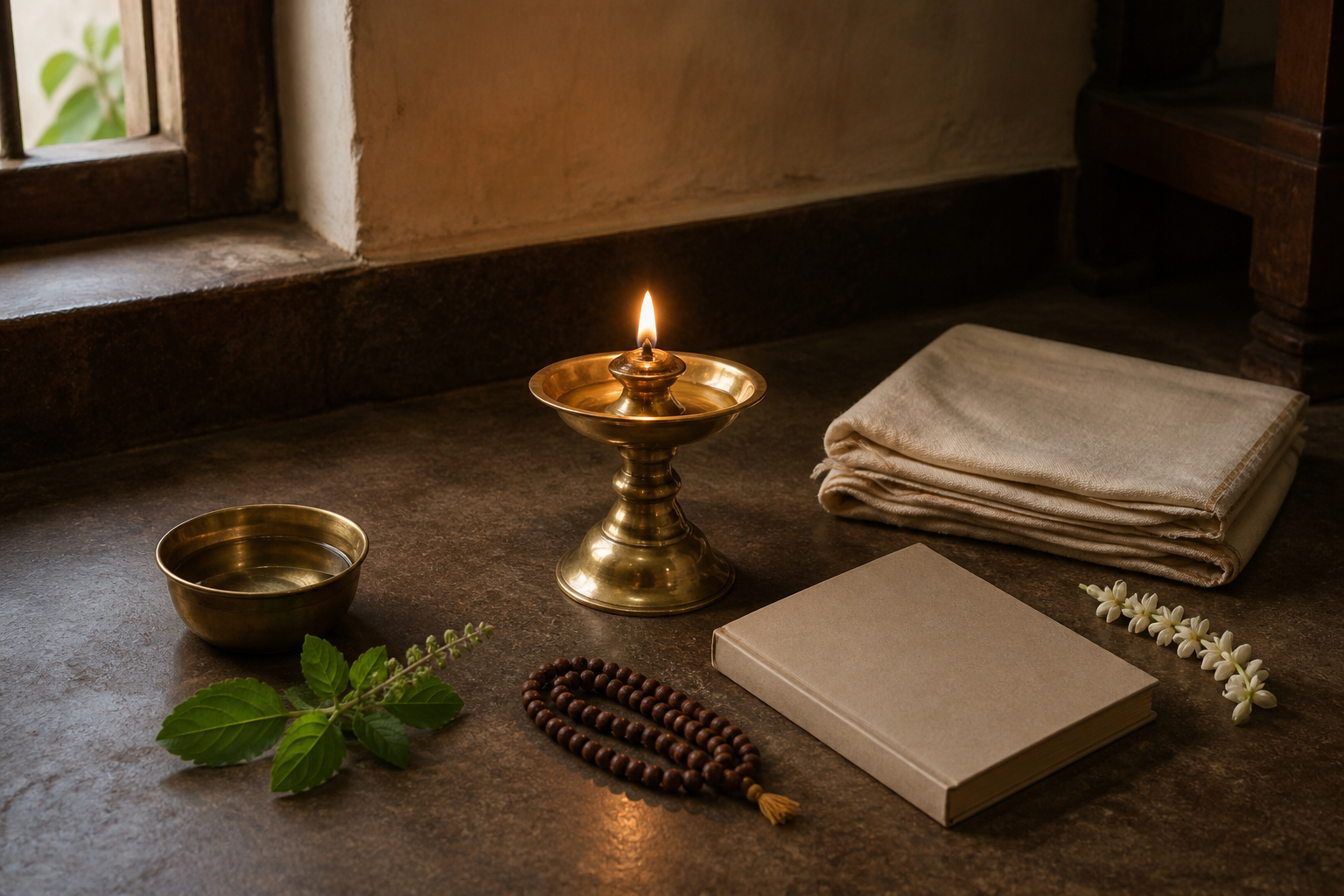 A simple home prayer setting contains a brass lamp, water bowl, tulasi leaves, prayer beads, folded shawl, and closed book.