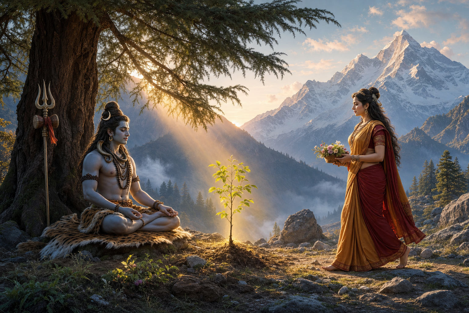 Parvati approaches the meditating Shiva with mountain flowers in a quiet Himalayan landscape.