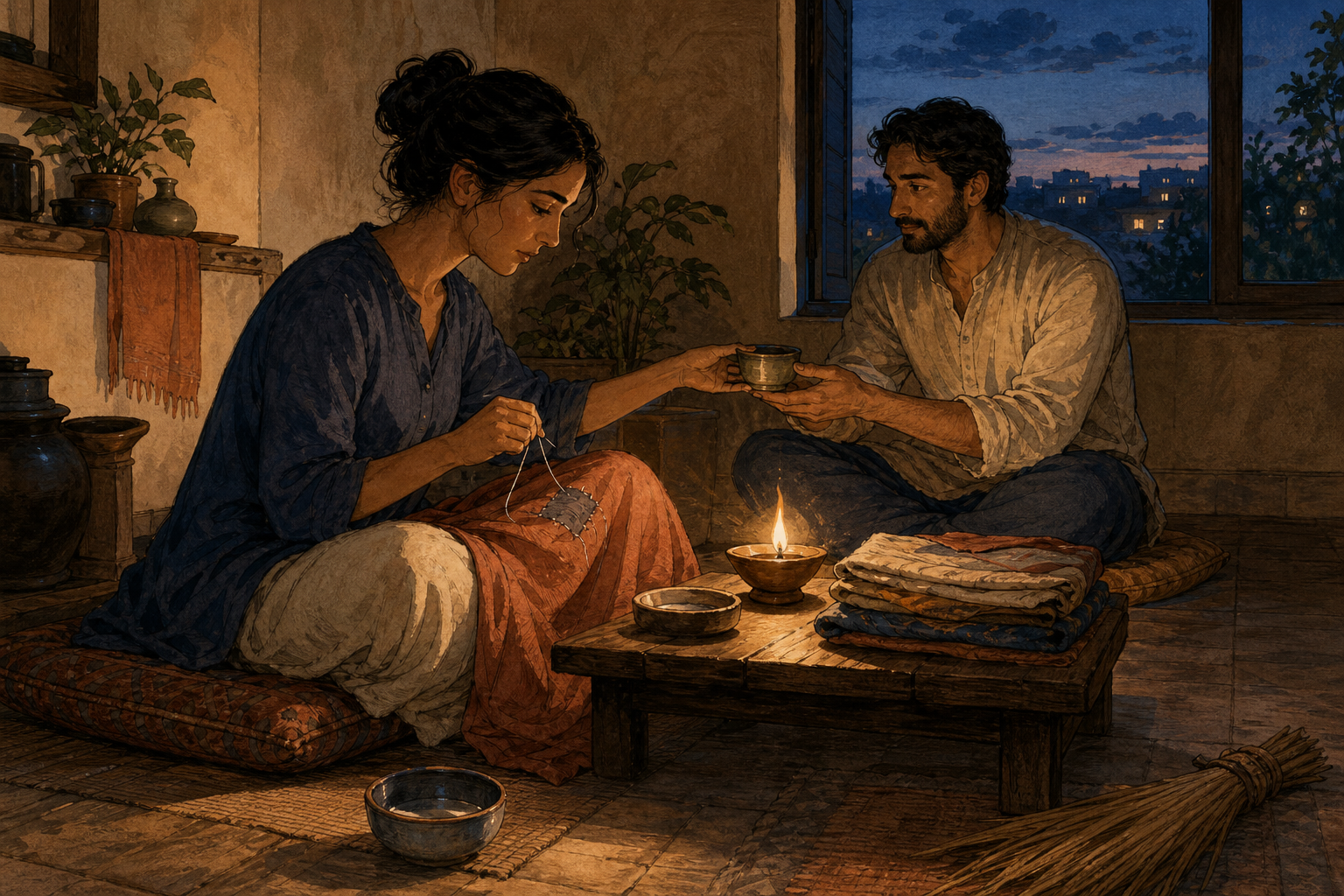 One person repairs torn fabric at a low table while offering tea to another person in a softly lit evening room.