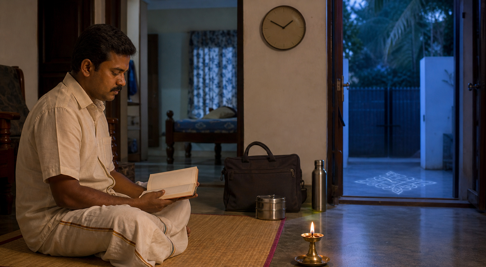 A devotee recites beside an oil lamp before dawn while a work bag and lunch container wait nearby.