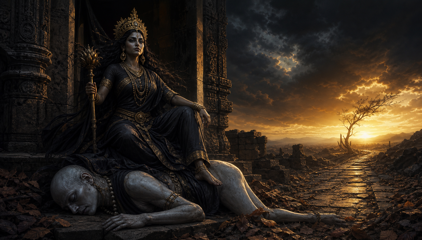A stylized depiction of Nirrti seated on a pale spectral mount at a weathered stone threshold, with ruins in shadow and golden light on the southwest horizon.
