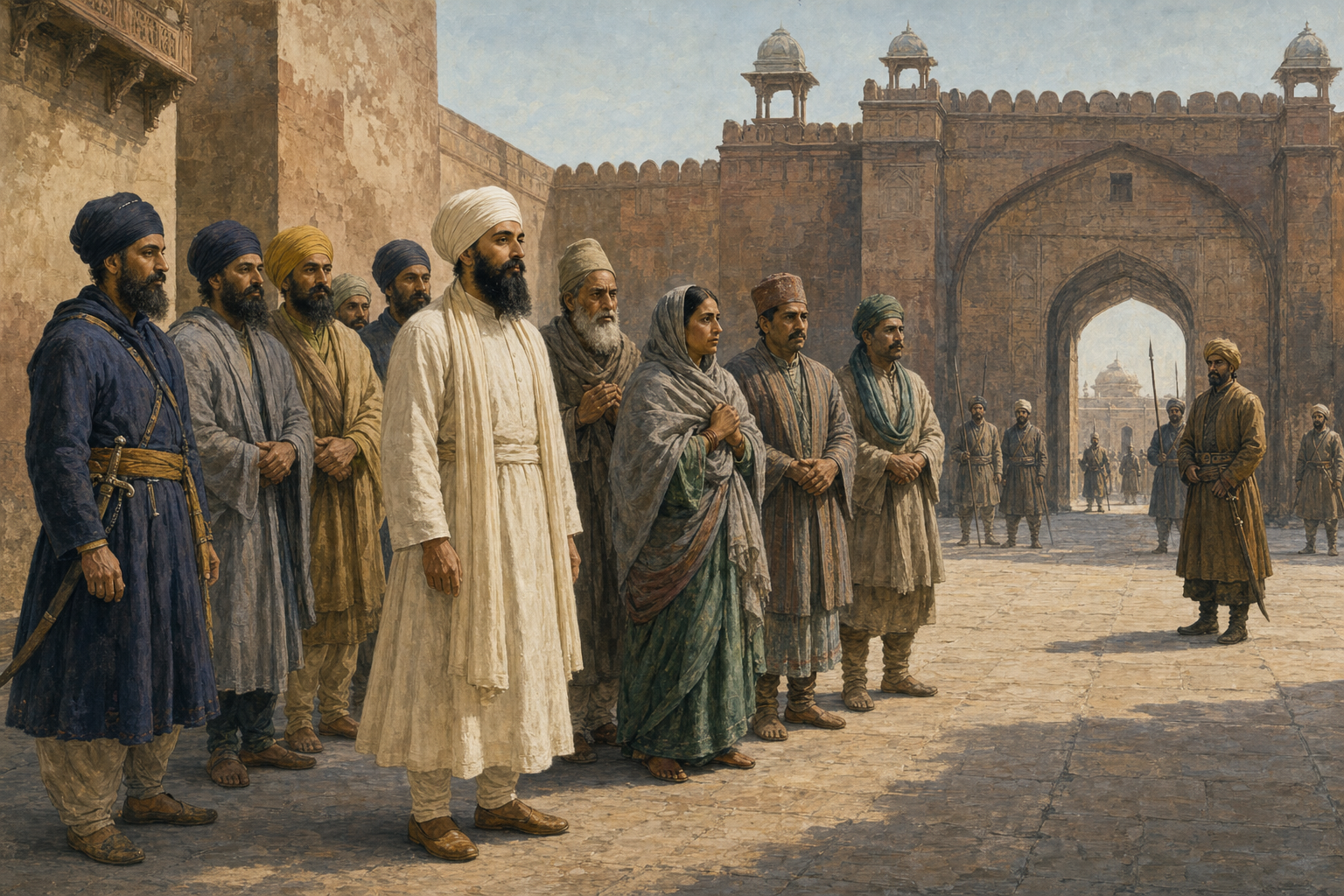 Guru Teg Bahadur stands beside a group of petitioners in a large courtyard as representatives of state authority remain near a distant gateway.
