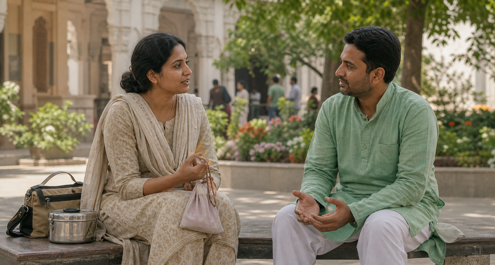 A devotee holding a japa-bead bag speaks with a pastoral companion on a bench in a quiet temple courtyard.