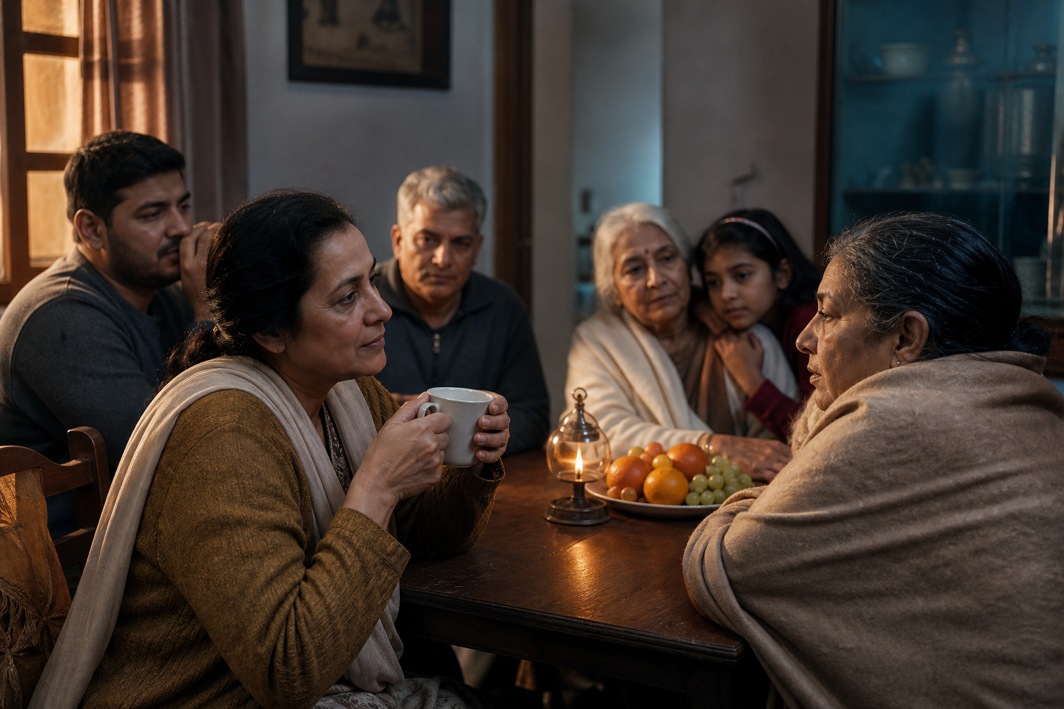 A multigenerational family sits around a dining table while one person holds a cup and listens to a relative in warm and cool light.