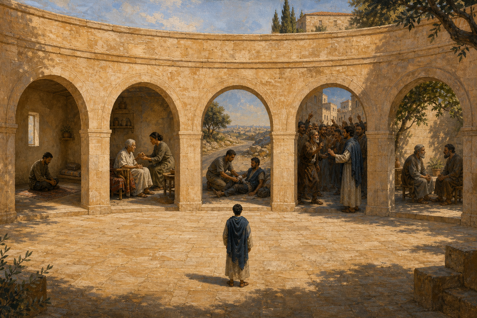 A seeker stands before five unmarked arches, each opening onto a different scene of reflection, care, aid, courage, or reconciliation.