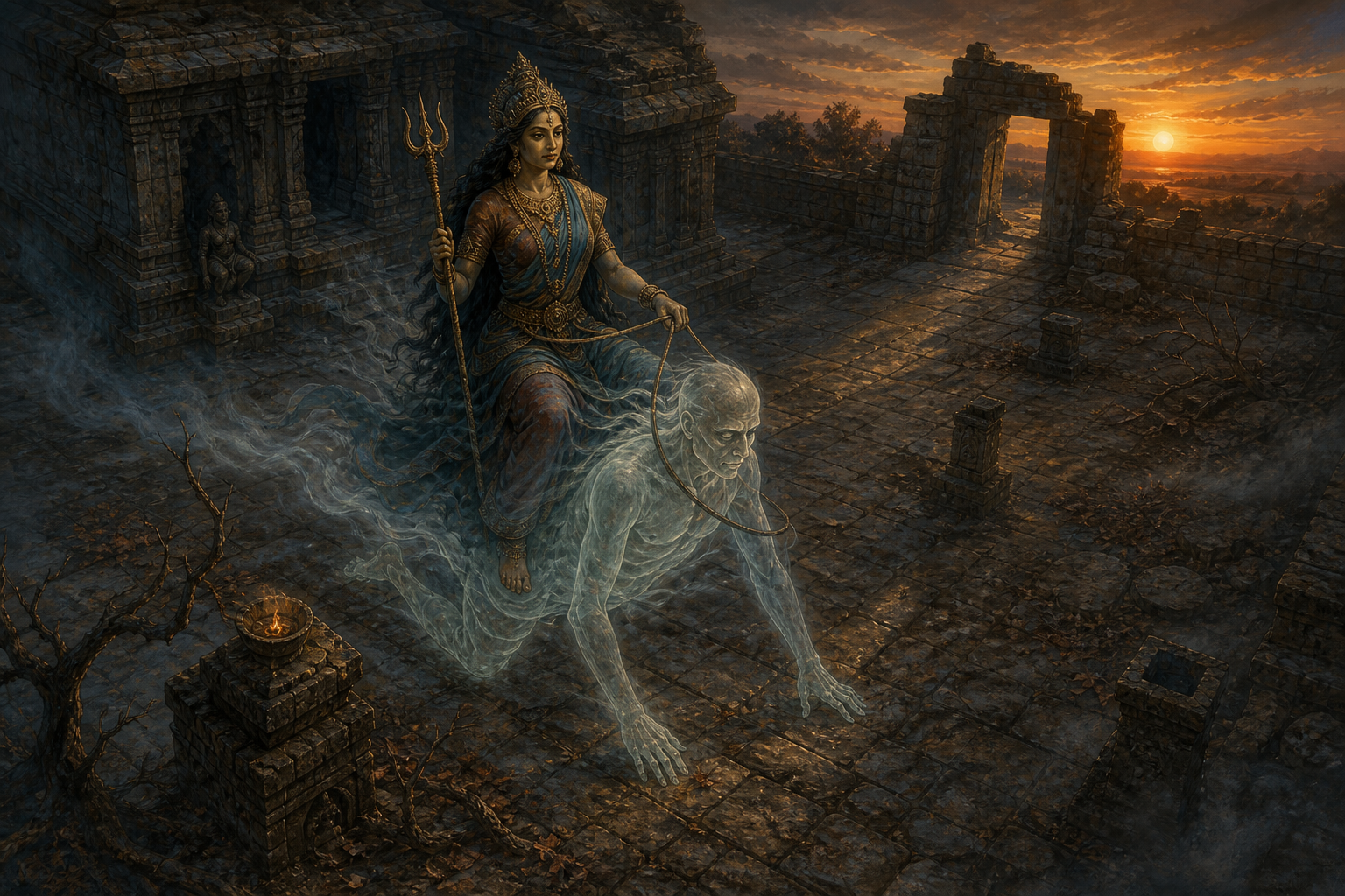 Nirrti rides a translucent ghost-like figure through a temple courtyard whose broken gateway opens toward a glowing southwest horizon.