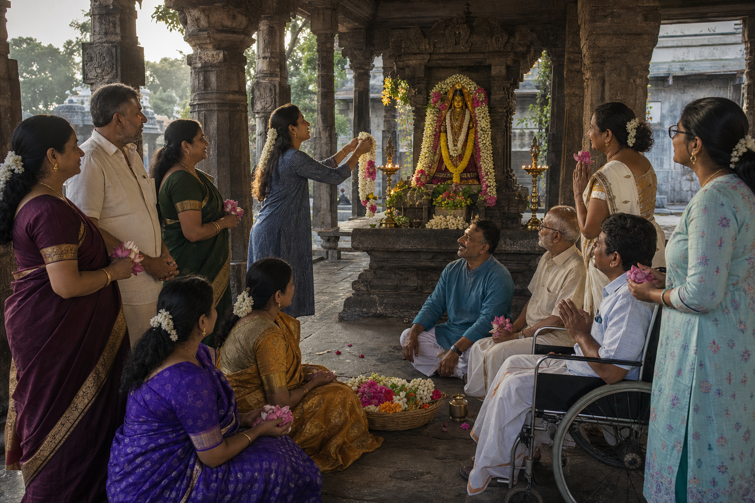 An intergenerational group prays together before a flower-garlanded Andal shrine in a Tamil temple hall.
