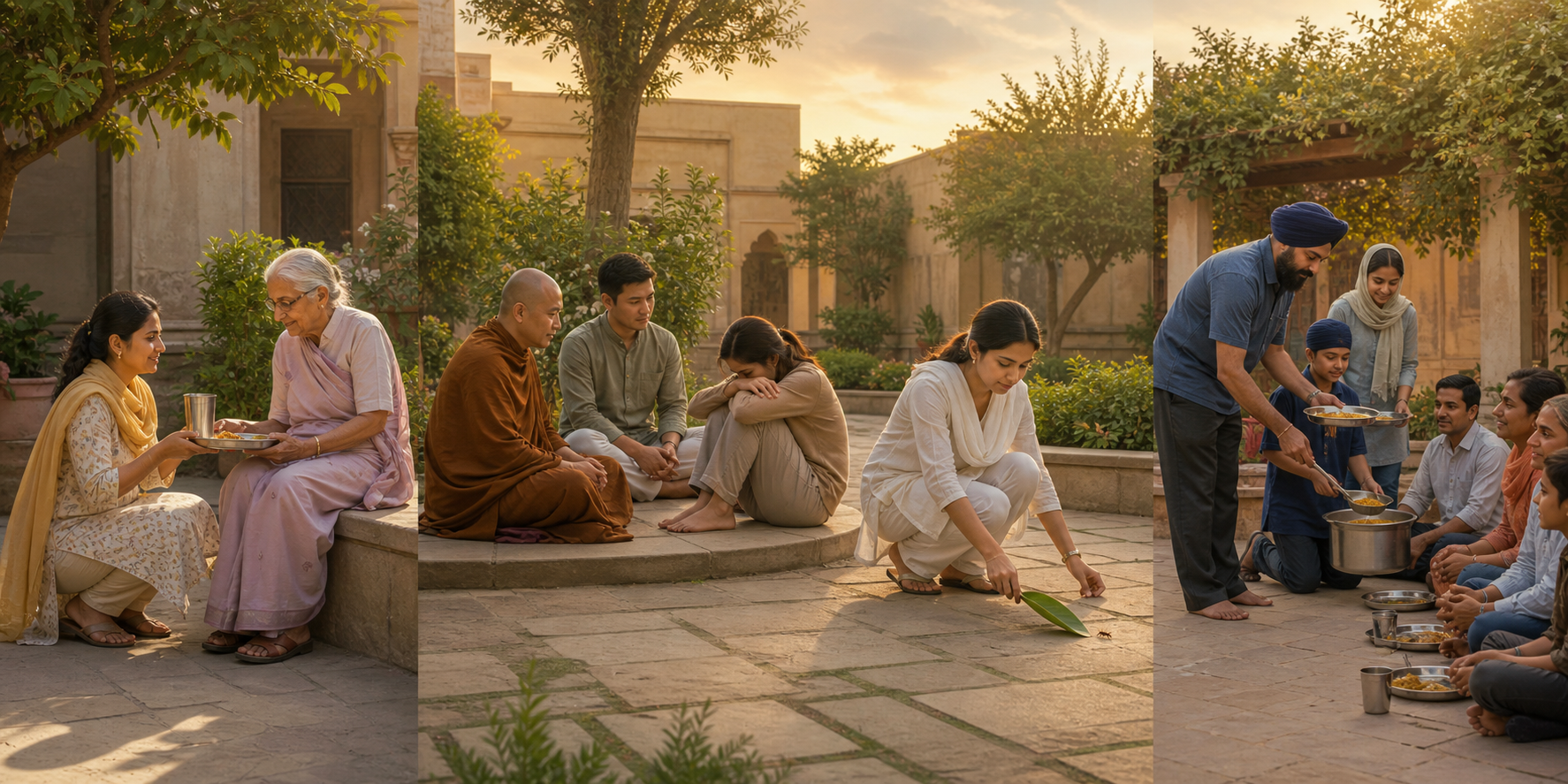 Four courtyard scenes show a neighbor receiving food, a distressed person being listened to, an insect being moved from a path, and volunteers serving a communal meal.