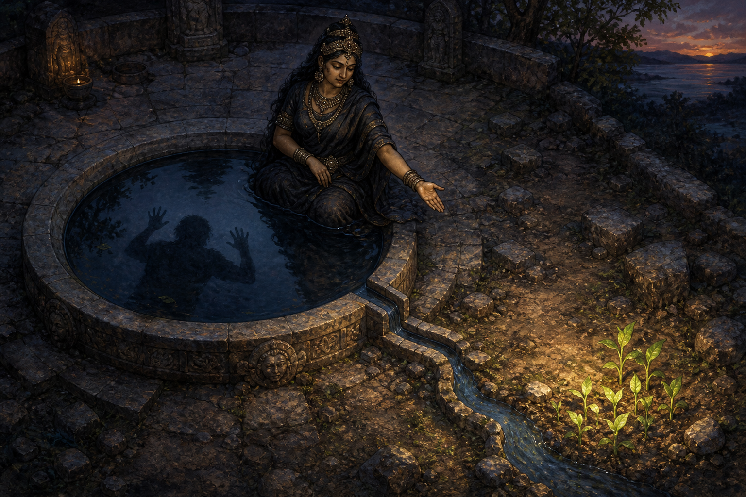 Nirrti stands beside a contained dark pool whose water flows through a stone channel toward green shoots growing in dry ground.