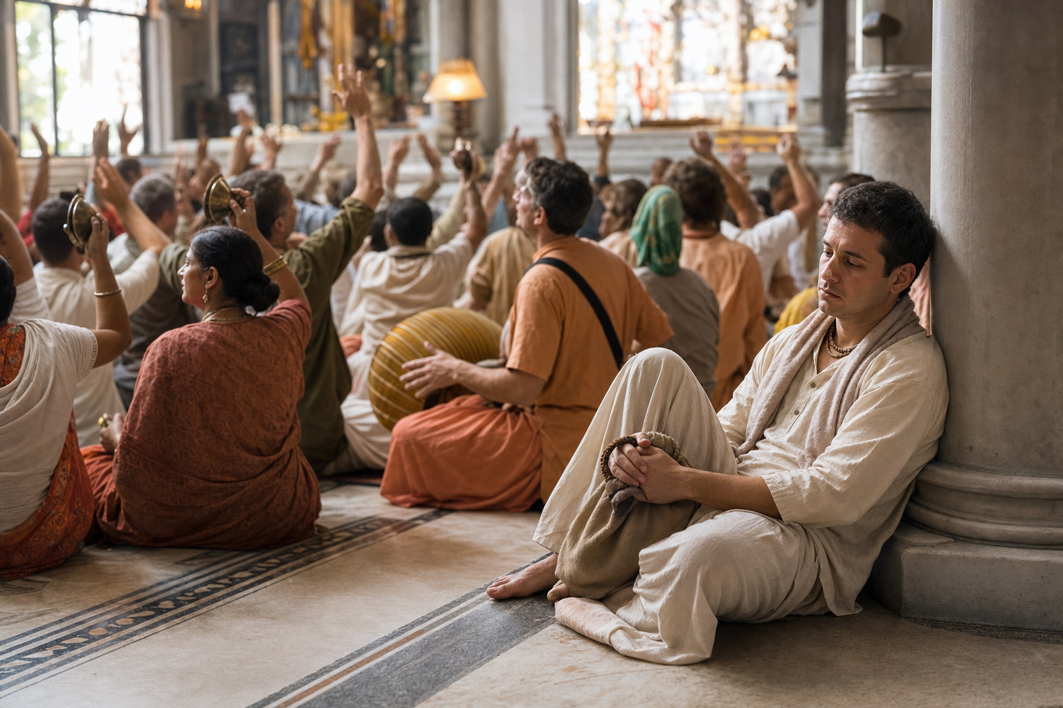 A quiet devotee sits at the edge of a temple hall while a congregation participates in kirtan behind them.