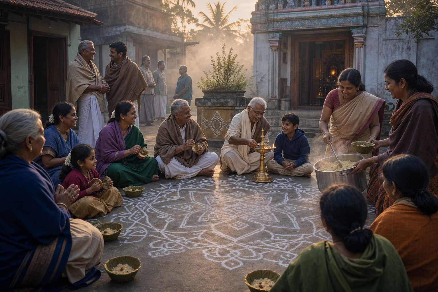 Neighbors gather around a kolam at dawn to sing, light a brass lamp, and share sweet pongal.