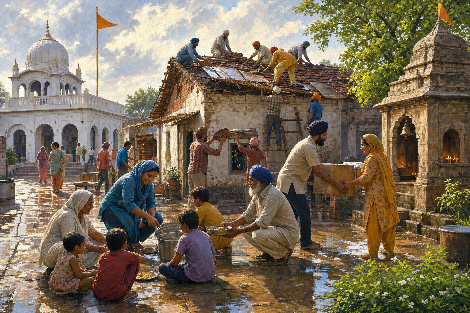 Sikh and Hindu neighbors repair storm damage and share food in a village courtyard between two distinct places of worship.