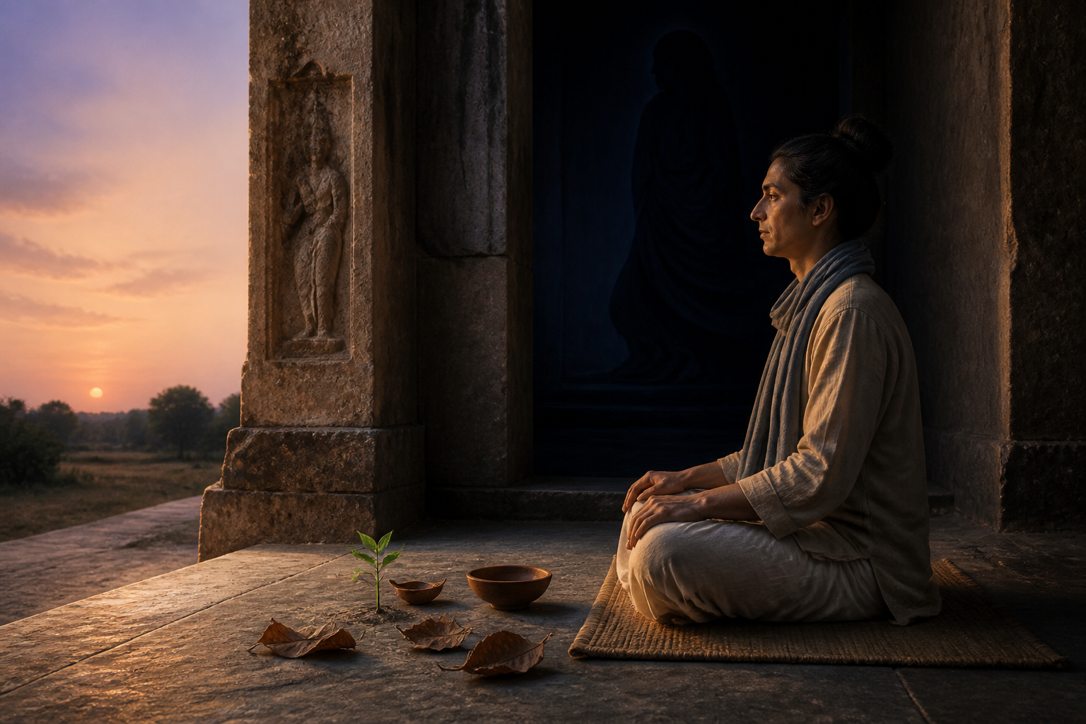 A practitioner meditates in an open stone doorway beside a clay lamp, an empty bowl, dry leaves, and a green sprout at twilight.