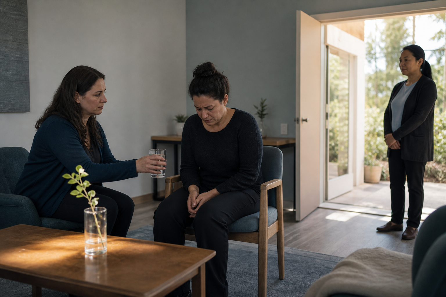 A grieving person sits in a quiet support room while one companion offers water and another stands beside an open doorway.