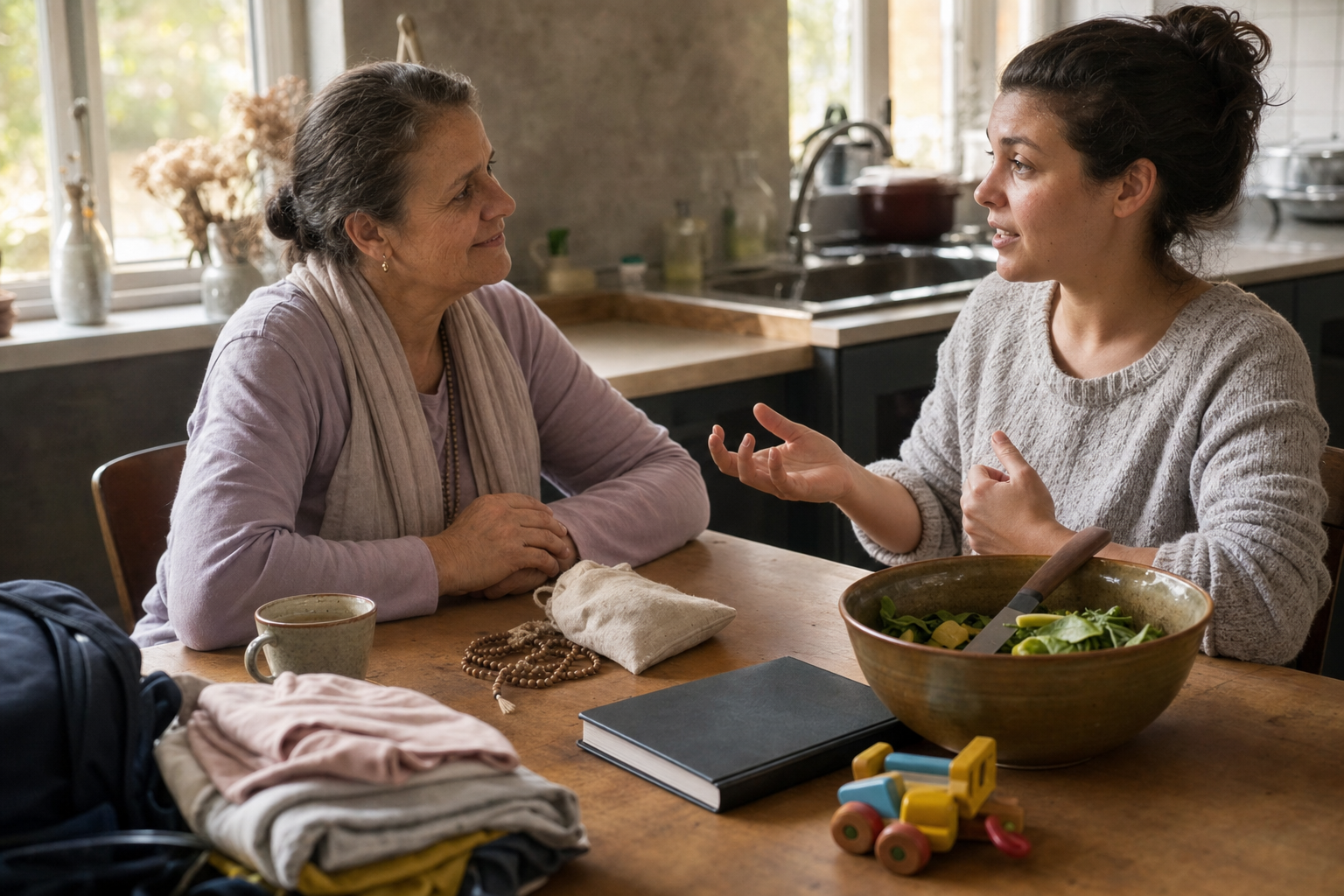 Two women discuss devotional practice at a kitchen table surrounded by prayer beads and everyday household items.