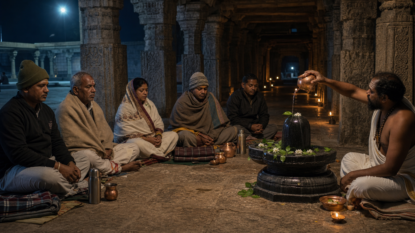 Pilgrims keep an overnight vigil in a stone temple hall while water and bilva leaves are offered at a Shiva linga.