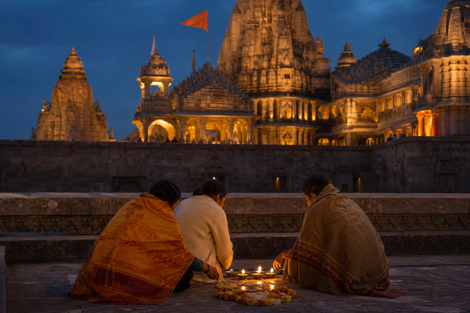 Devotees tend small oil lamps in a quiet stone courtyard while an illuminated temple and saffron flag rise in the background.