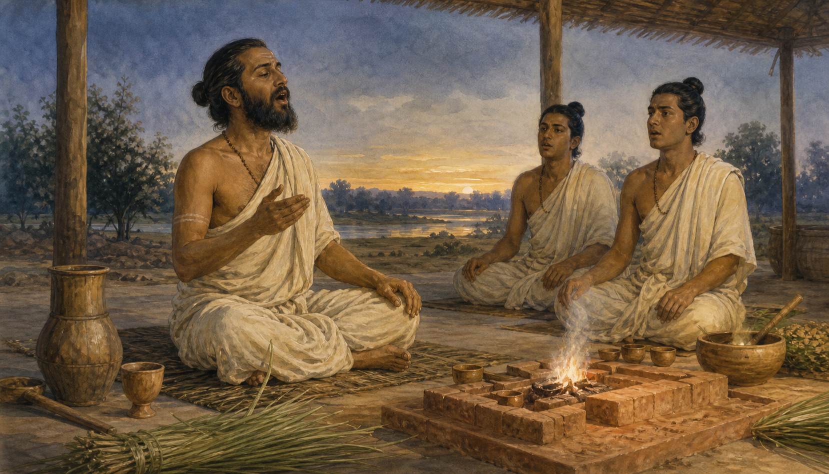 A seated Vedic priest begins a chant while two assisting priests wait beside a fire altar in a dawn-lit ritual pavilion.