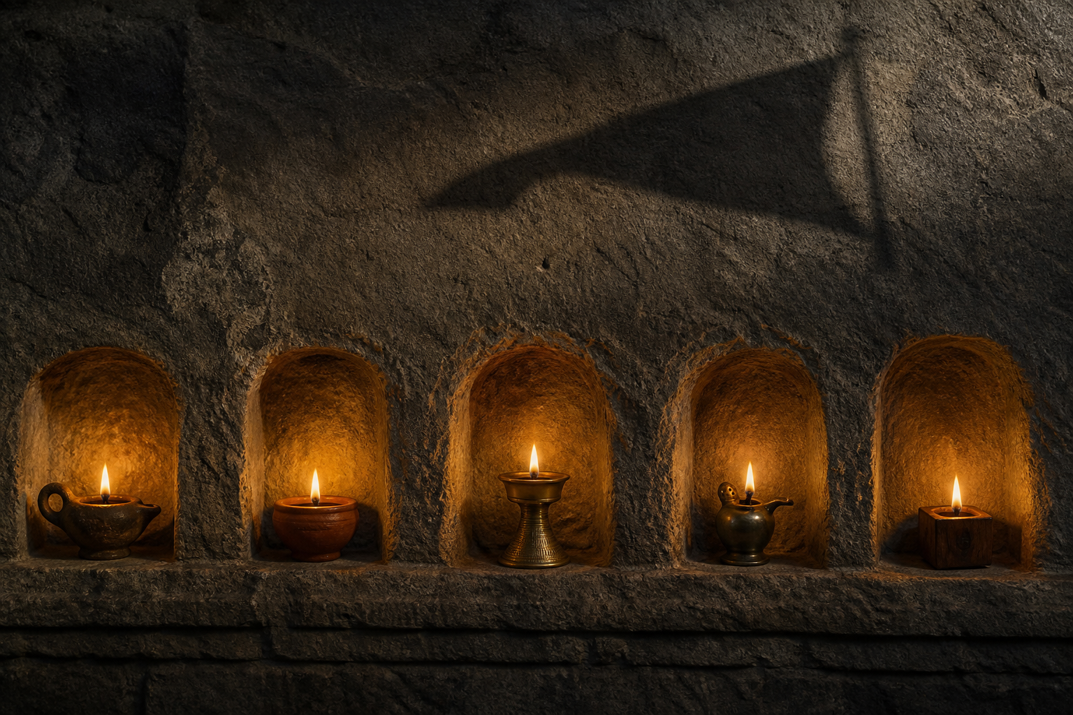 Distinct clay, brass, stone, and wooden oil lamps burn in separate wall niches while their pools of light overlap on the stone surface.